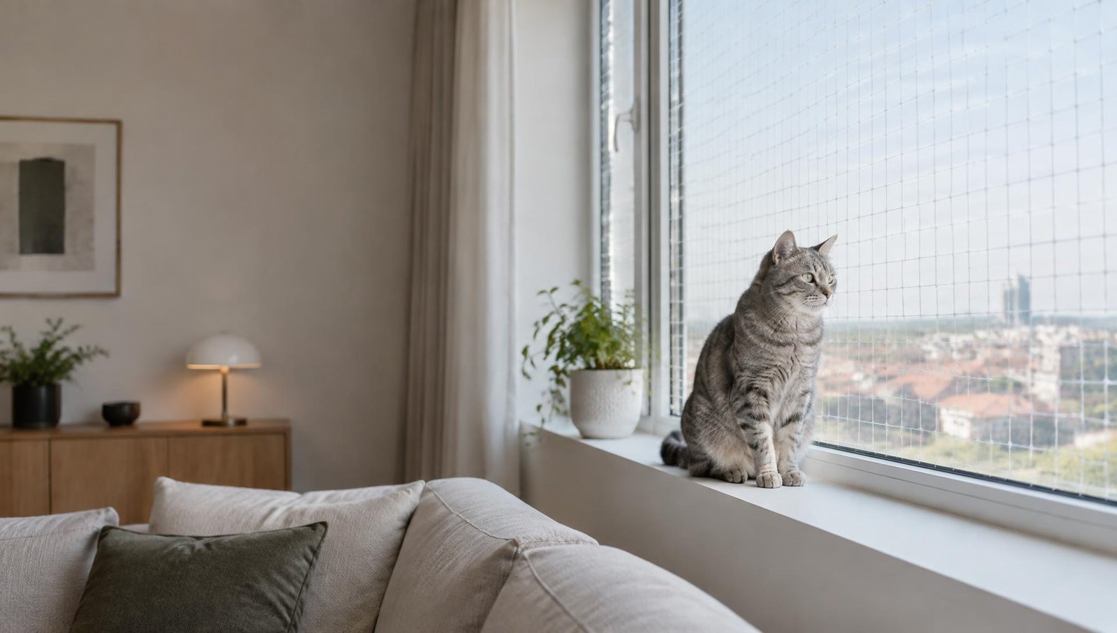 Gato sentado em janela de apartamento protegida por rede de proteção